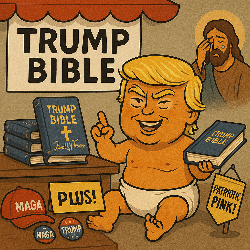 Baby Trump holding the Bible upside-down